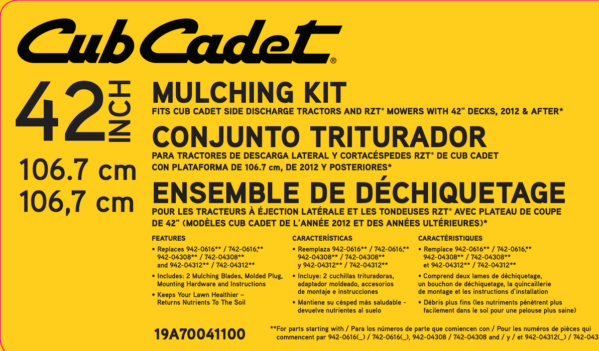 Cub Cadet OEM 19A70041 Mulch Kit for 42" Deck XT1, XT2 & RZT